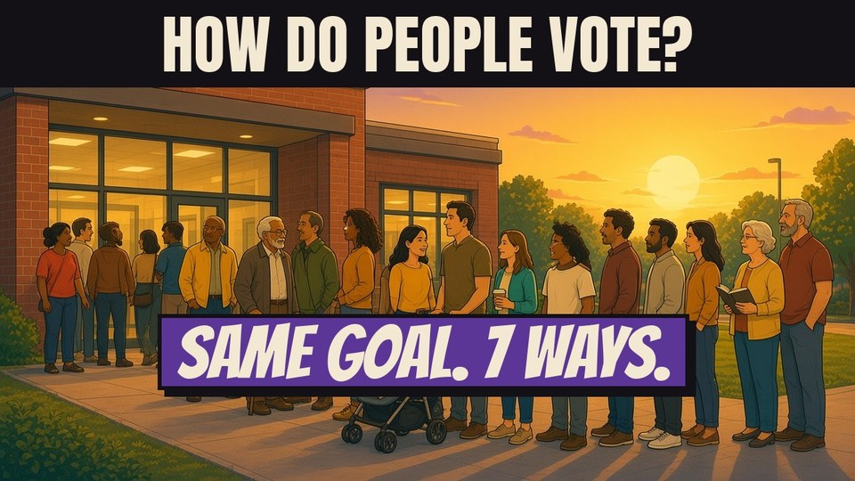 Thumbnail: How Do People Vote? Same goal. 7 ways. A line of voters outside a polling place at sunset